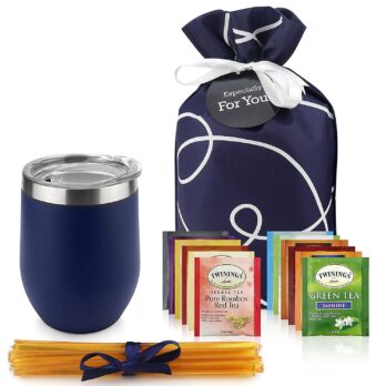 Tea Gift Set for Tea Lovers – Includes Double Insulated Tea Cup 12 Uniquely Blended Teas and All Natural Honey Straws | Tea Gift Sets for Women Men | Tea Gifts Box Presented in Beautiful Gift Bag